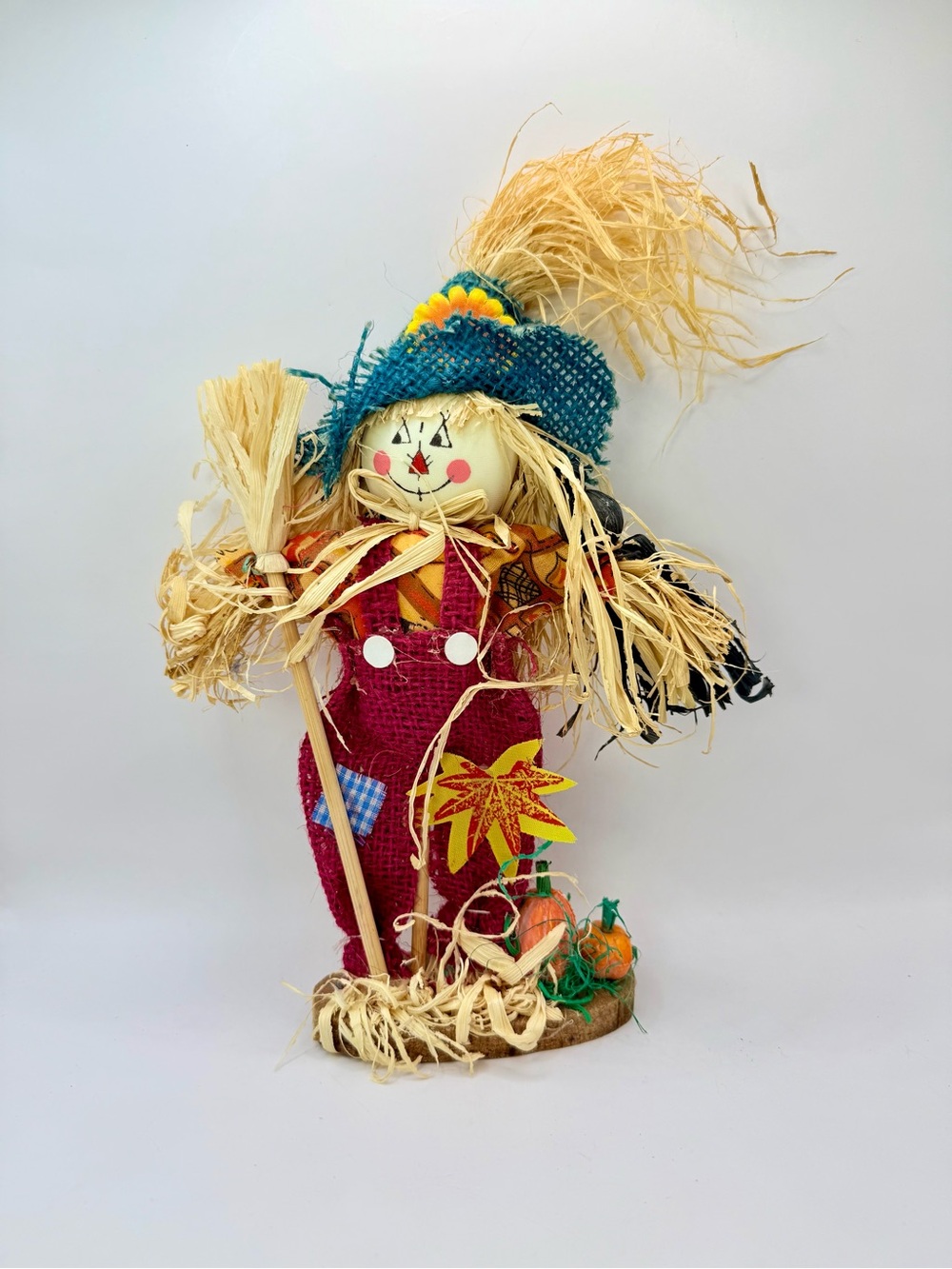 Vintage 10” Scarecrow Figurine with Crow & Pumpkins – Rustic Fall Decor